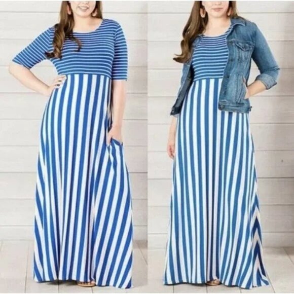 Matilda Jane Women's sz S The Road Ahead Blue White Striped Maxi Dress pockets - Picture 2 of 8